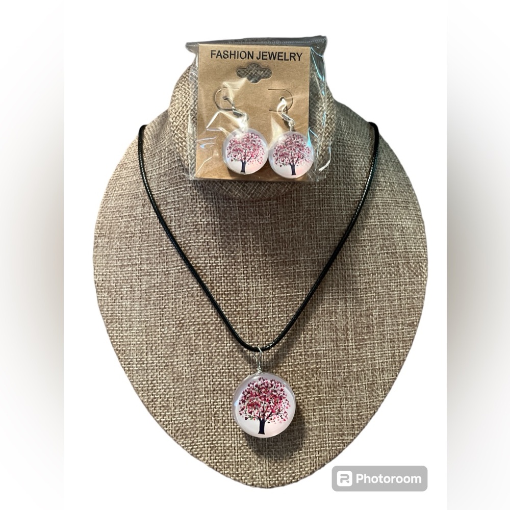 Pink and Purple Hearts Tree of Life Earrings and Necklace Set